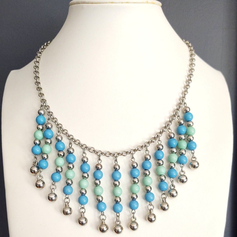 Blue, green and silver beaded fringe bib necklace